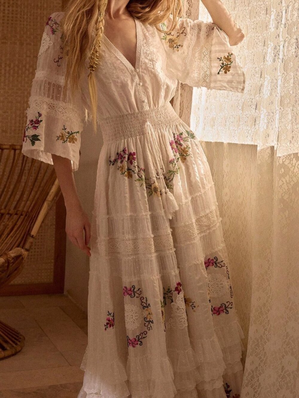 Beige Boho Women's Embroidered Patchwork Long Vacation Dress - Picture 5 of 8